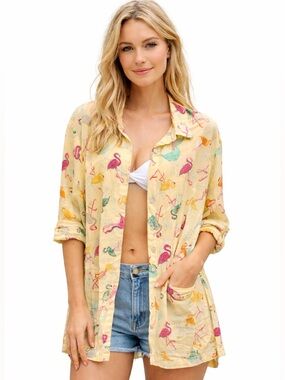 Fresh Produce Women's Button Up Shirt Size M Yellow Flamingos Coverup Cotton